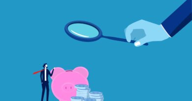 render of hand holding magnifying glass to examine piggy bank.
