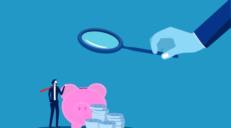 render of hand holding magnifying glass to examine piggy bank.