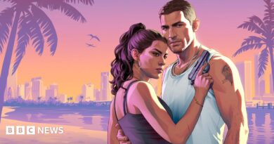 A promotional image from the game GTA 6 featuring the two main characters, Jason and Lucia. He is wearing a white vest and has a crewcut and a tattoo on his left bycep. She is facing him with a gun in her right hand.
