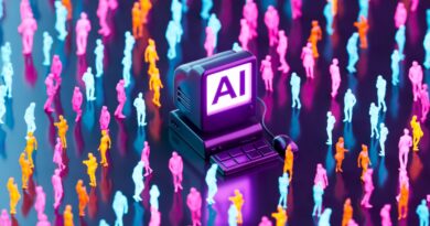 A digitally generated image featuring an old-style computer monitor displaying the letters “AI” with neon business crowd.