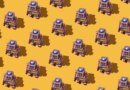 Pattern of retro tin toy robots with clocks and displays painted on yellow background.