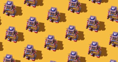 Pattern of retro tin toy robots with clocks and displays painted on yellow background.