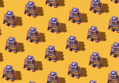 Pattern of retro tin toy robots with clocks and displays painted on yellow background.