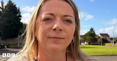 Close-up portrait of a woman with a nose ring and hoop earrings standing outdoors on a sunny day, with a grassy area, trees and houses blurred in the background.