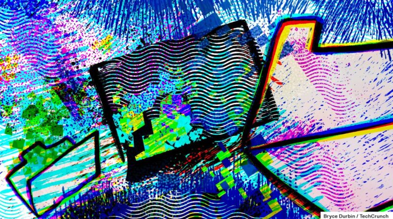 render of a data breach with computer folders over blue, green and purple spilling data squares