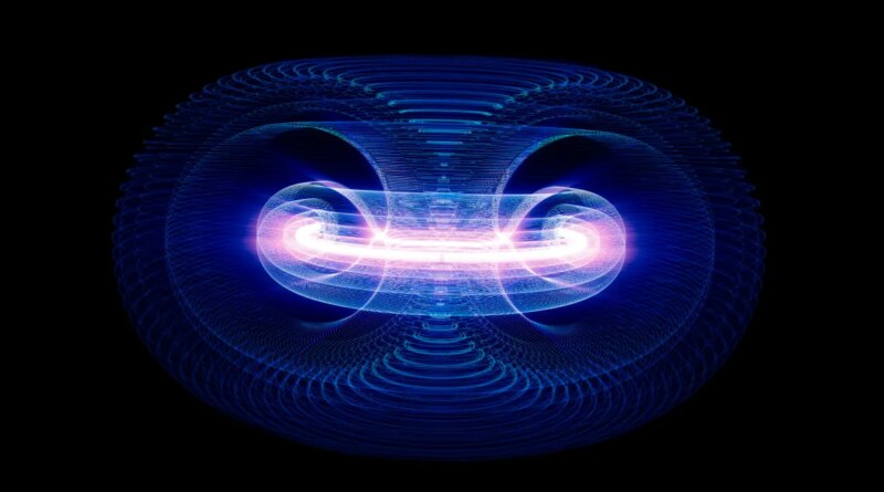 Illustration of plasma particles inside a tokamak fusion reactor.