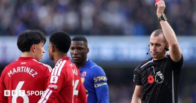 Manchester United defender Lisandro Martinez is shown a red card by referee Peter Bankes 