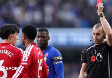 Manchester United defender Lisandro Martinez is shown a red card by referee Peter Bankes 