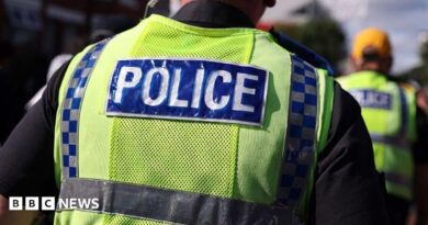 A police officer walks in a crowd alongside other officers. He has an ear piece and is wearing a fluorescent yellow tabard with Police written on the back