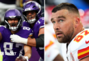Split image of Minnesota Vikings players celebrating while Travis Kelce looks disappointed during games on 25 October 2026