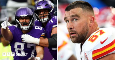 Split image of Minnesota Vikings players celebrating while Travis Kelce looks disappointed during games on 25 October 2026