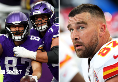 Split image of Minnesota Vikings players celebrating while Travis Kelce looks disappointed during games on 25 October 2026