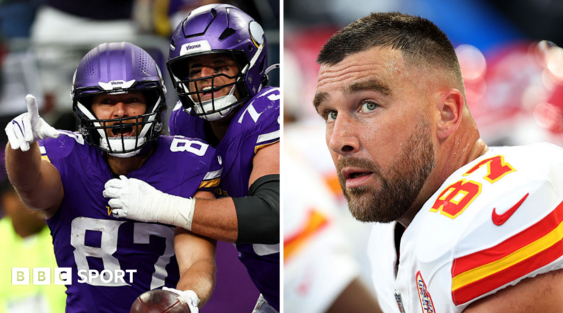 Split image of Minnesota Vikings players celebrating while Travis Kelce looks disappointed during games on 25 October 2026