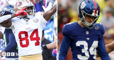 A split photo of San Francisco 49ers wide receiver Brandin Cooks celebrating and New York Giants kicker Dominic Zvada looking down