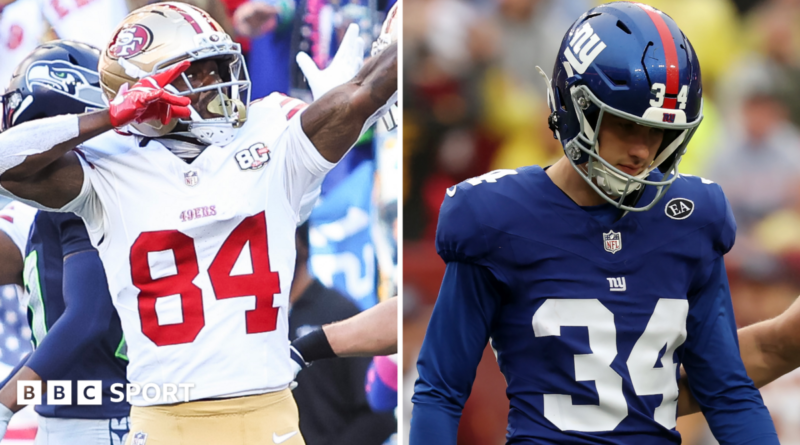 A split photo of San Francisco 49ers wide receiver Brandin Cooks celebrating and New York Giants kicker Dominic Zvada looking down