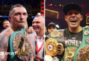 A split picture of Oleksandr Usyk and David Benavidez with world title belts