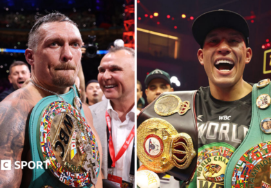 A split picture of Oleksandr Usyk and David Benavidez with world title belts