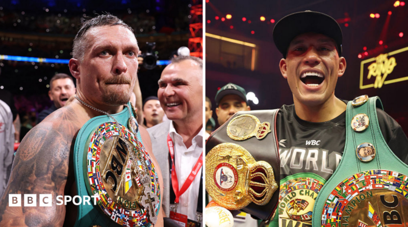 A split picture of Oleksandr Usyk and David Benavidez with world title belts