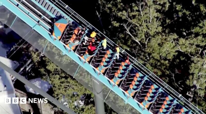 An annotated aerial image shows the Goliath rollercoaster located within the Six Flags Over Georgia amusement park. An inset map shows the location of Atlanta, and wider Georgia, within the United States