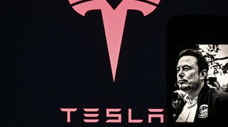 In this photo illustration, Tesla logo is seen on a screen, while an image of Tesla CEO Elon Musk is displayed on a mobile phone