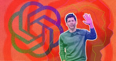 An illustration of Sam Altman in front of the OpenAI logo