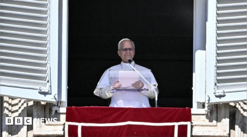 Pope Leo XIV delivering the Sunday Angelus prayer from the balcony of his residence overlooking St Peter's Square. He's in the traditional white cassock, mozzetta cape and zucchetto silk hat over his head.