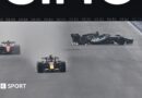 The Mercedes of George Russell spins on the start-finish straight as Red Bull's Max Verstappen and Ferrari's Lewis Hamilton go past during the Singapore Grand Prix sprint race