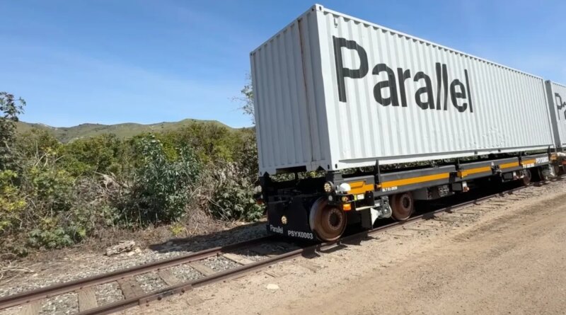 An autonomous rail vehicle moves down the track.