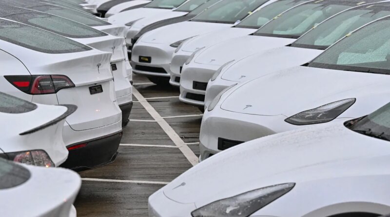 New Model Y electric vehicles are parked in the early morning in a parking lot at Terminal 5 of the capital's Berlin-Brandenburg Airport.