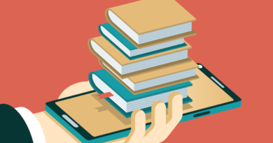 An illustration of a stack of books above a smartphone.