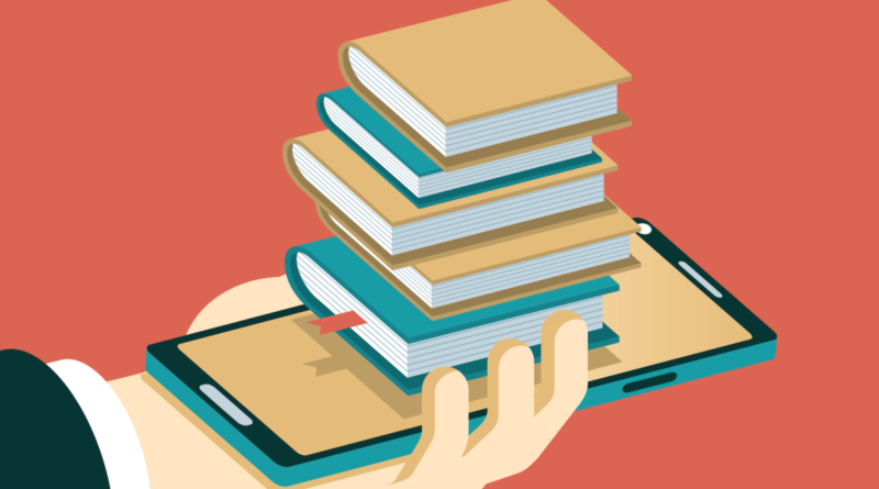 An illustration of a stack of books above a smartphone.