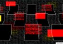 a series of illustrated laptops featuring red, glitchy and matrix-like text symbolizing malware