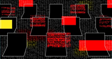 a series of illustrated laptops featuring red, glitchy and matrix-like text symbolizing malware
