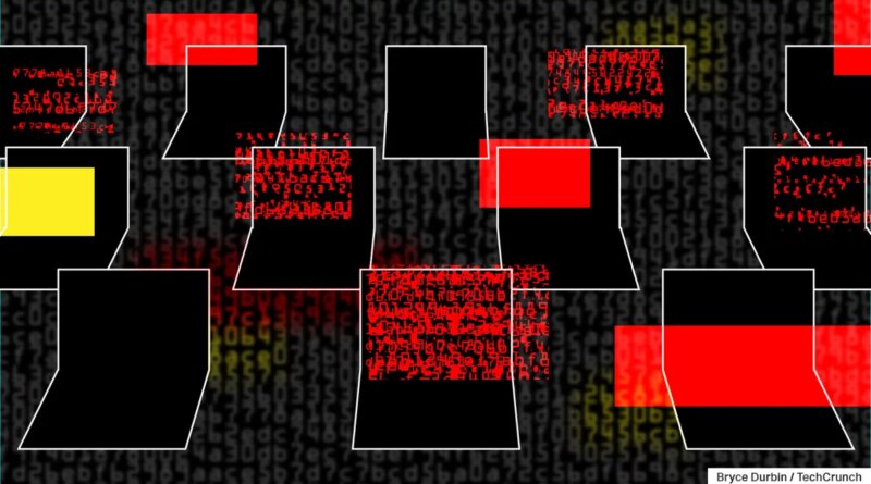 a series of illustrated laptops featuring red, glitchy and matrix-like text symbolizing malware