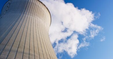 Cooling tower at nuclear power plant emits steam.