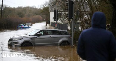 People look on at the cars stuck in the flooding in the hamlet of Weycroft, on January 27, 2026 in Axminster, England.