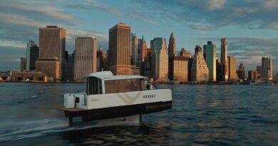 A hydrofoil ferry cruises near Manhattan.