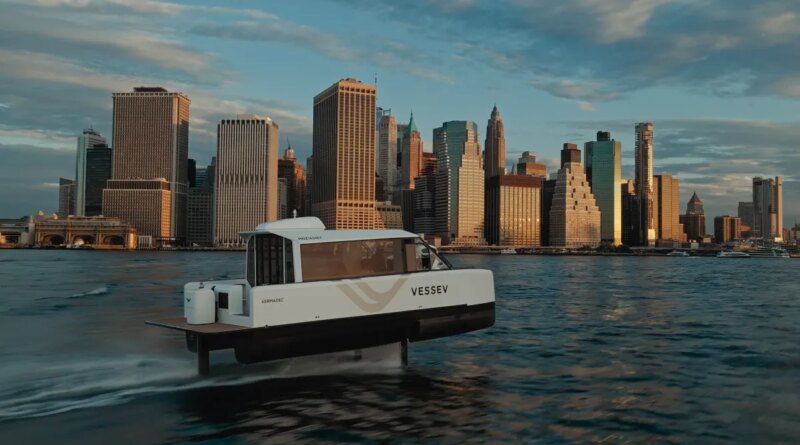 A hydrofoil ferry cruises near Manhattan.