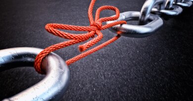 Metallic chain connected by a red knotted rope, representing third party cybersecurity risk